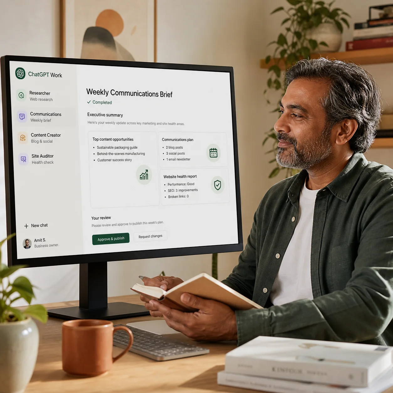 A solopreneur working with a website, calendar and business information in a calm home office