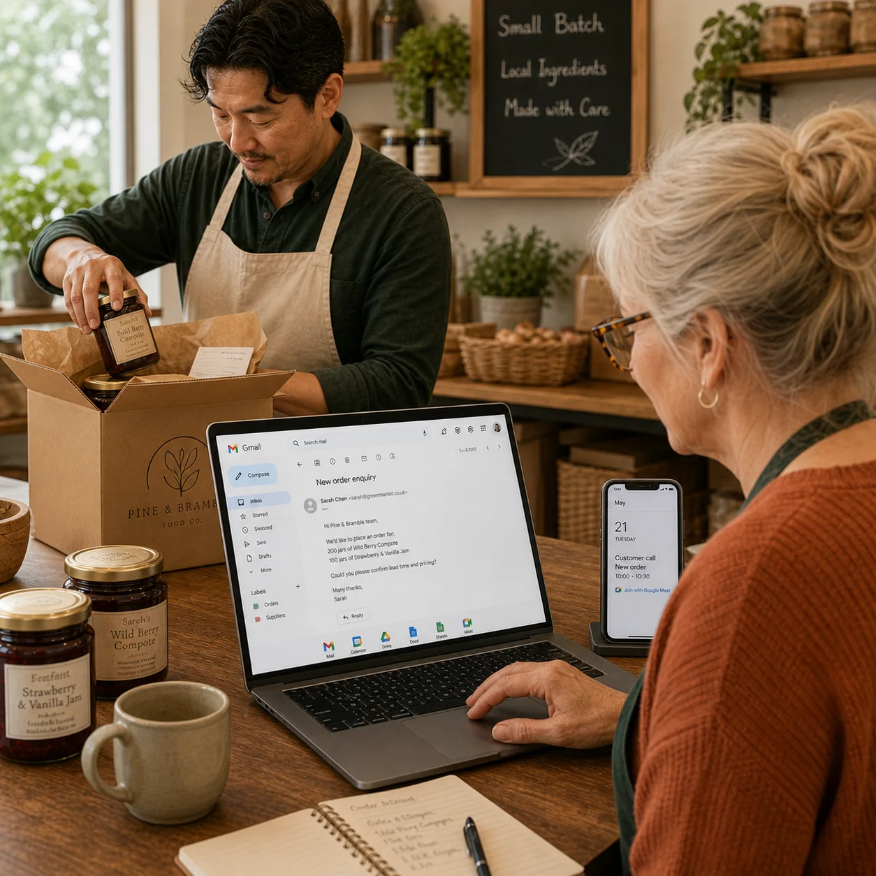 A solopreneur working with a website, calendar and business information in a calm home office