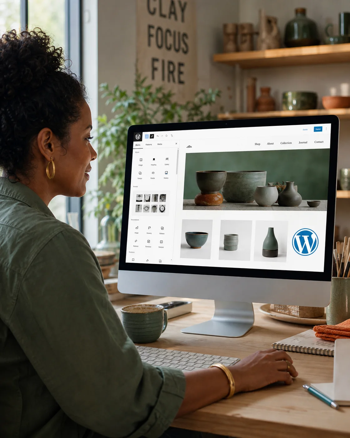 A solopreneur working with a website, calendar and business information in a calm home office