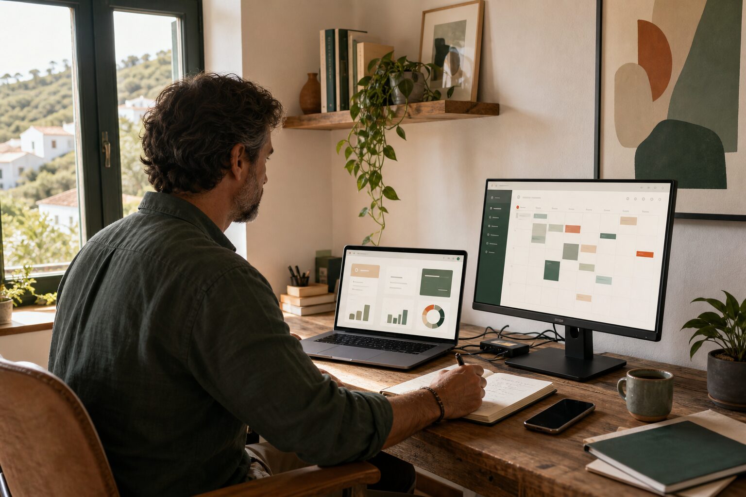 A solopreneur working with a website, calendar and business information in a calm home office